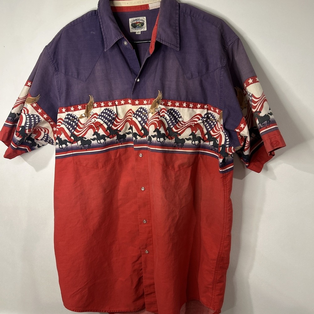 Cumberland Outfitters Shirt Mens XL Pearl Snap American Flag Horses Eagles